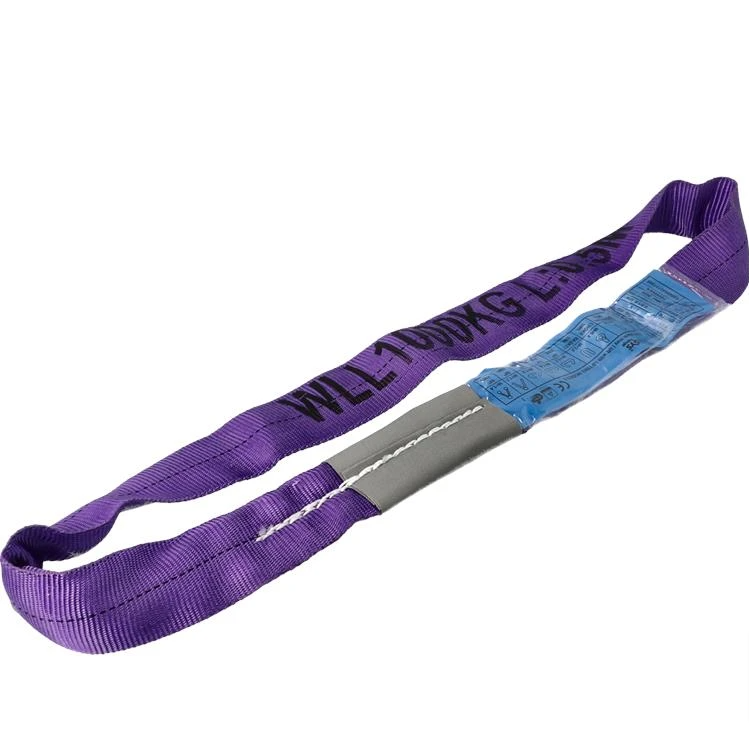 Round Sling 1 Tonne with purple strap, blue label, and black text, ideal for lifting polished or cylindrical loads, available in various lengths.