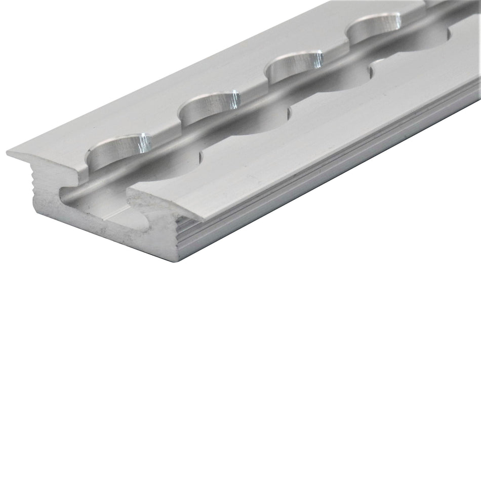 Recessed Captive Track for commercial vehicles, close-up of metal beam design, showing pre-drilled mounting holes and recessed structure for secure load restraint.