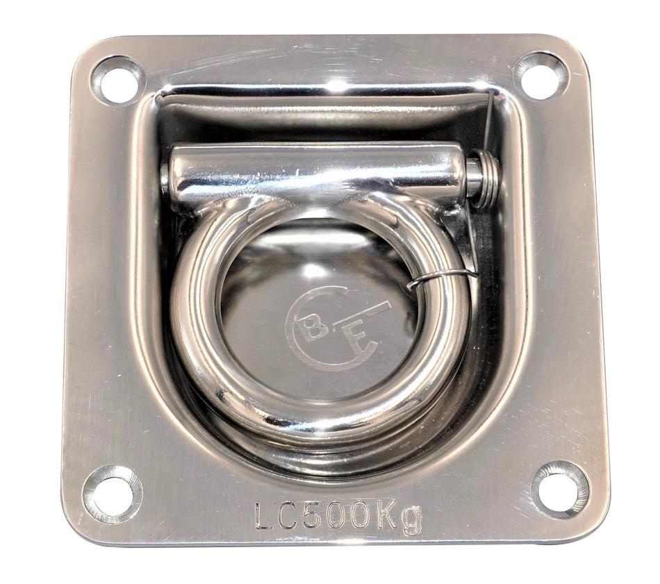 Stainless Steel Recessed Lashing Ring, featuring a metal ring with screws, spring-loaded mechanism, and four fixing holes, designed for secure load restraint.