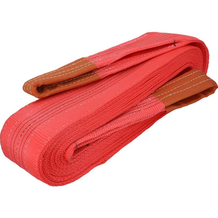 5.0 Tonne Flat Web Sling featuring durable red polyester with white stitching, designed for versatile lifting applications, available in lengths from 2m to 8m.