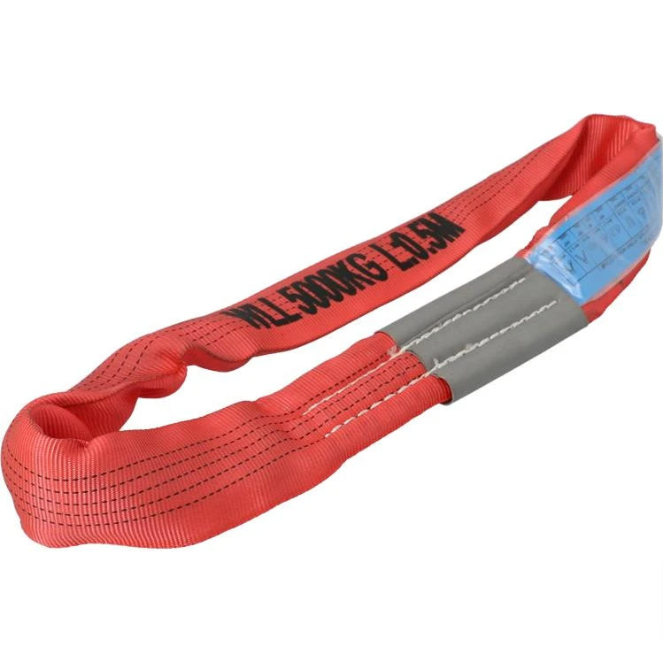 Round Sling 5 Tonne, featuring a red and grey strap with black text, designed for durable lifting of polished, greasy, or cylindrical loads.