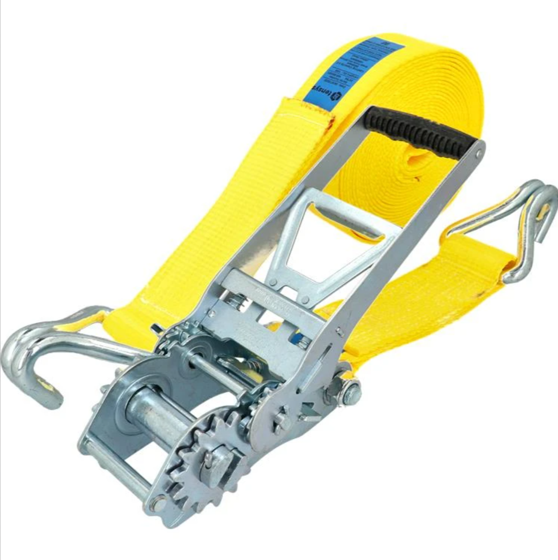 10,000kg ERGO Ratchet Strap with Claw Hooks, featuring a robust yellow strap and metal handle, ideal for heavy-duty applications, 6 metres long.